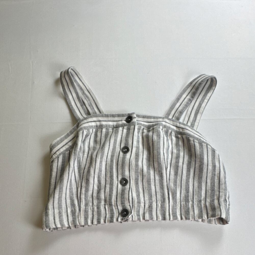 Free People Women's Striped Linen Cotton Cropped Button Tank Gray White